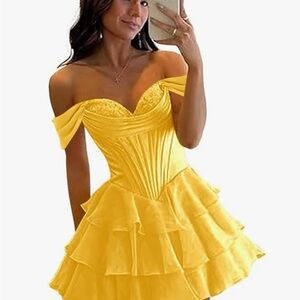 Elegant Strapless Yellow Ruffle Dress